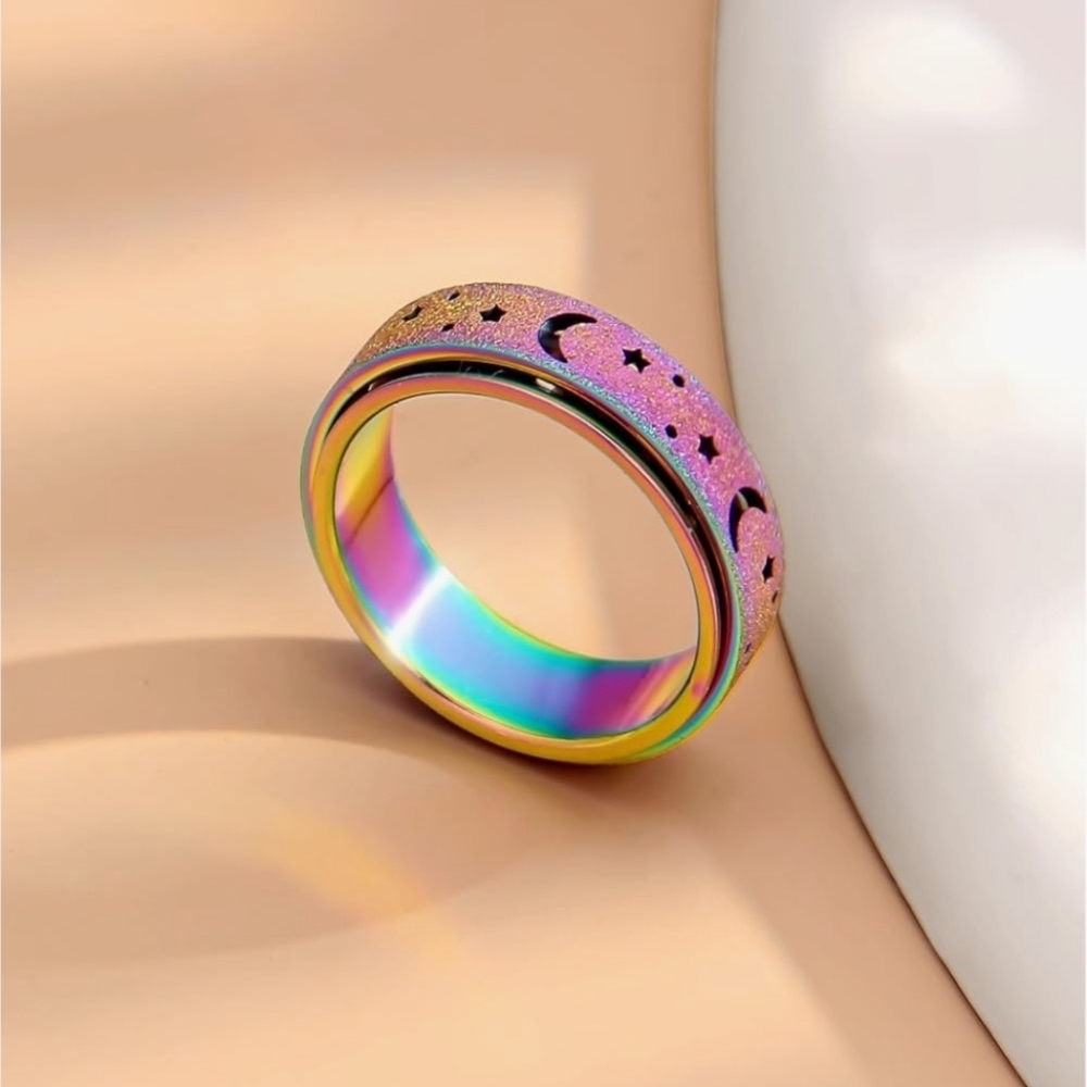 Moon & Star Mystic Anxiety Ring  Spinner Ring Stainless Steel 6mm Size 7  NEW!